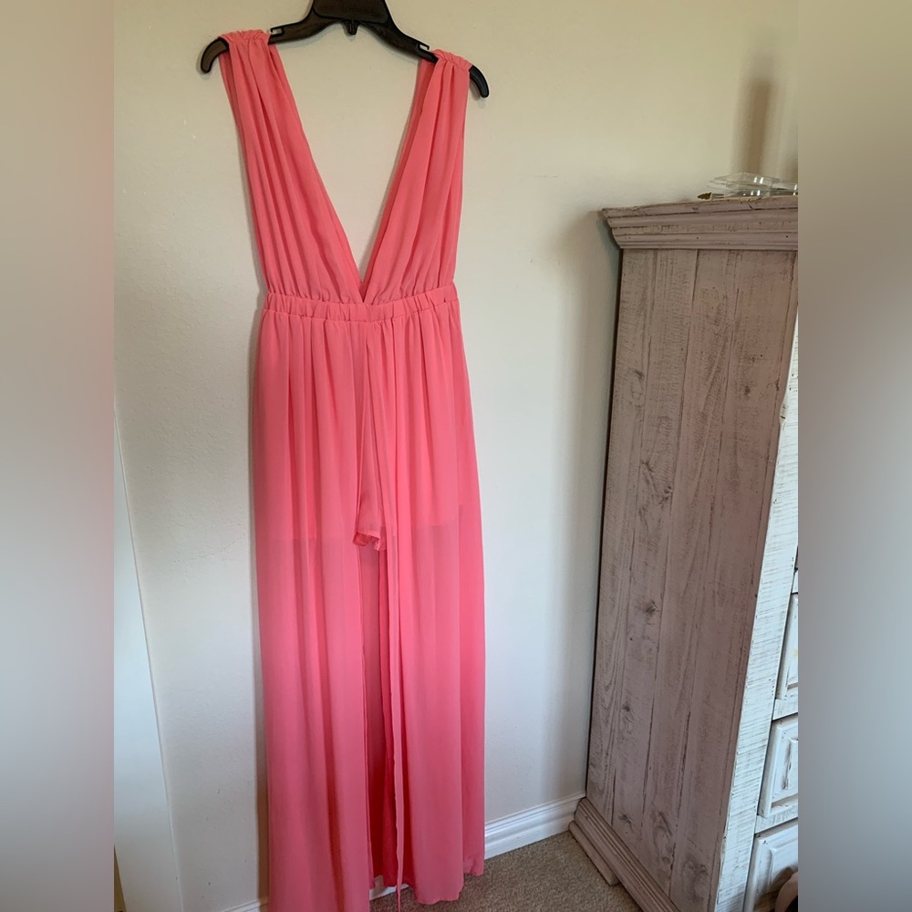 Coral deep V-neck romper dress
